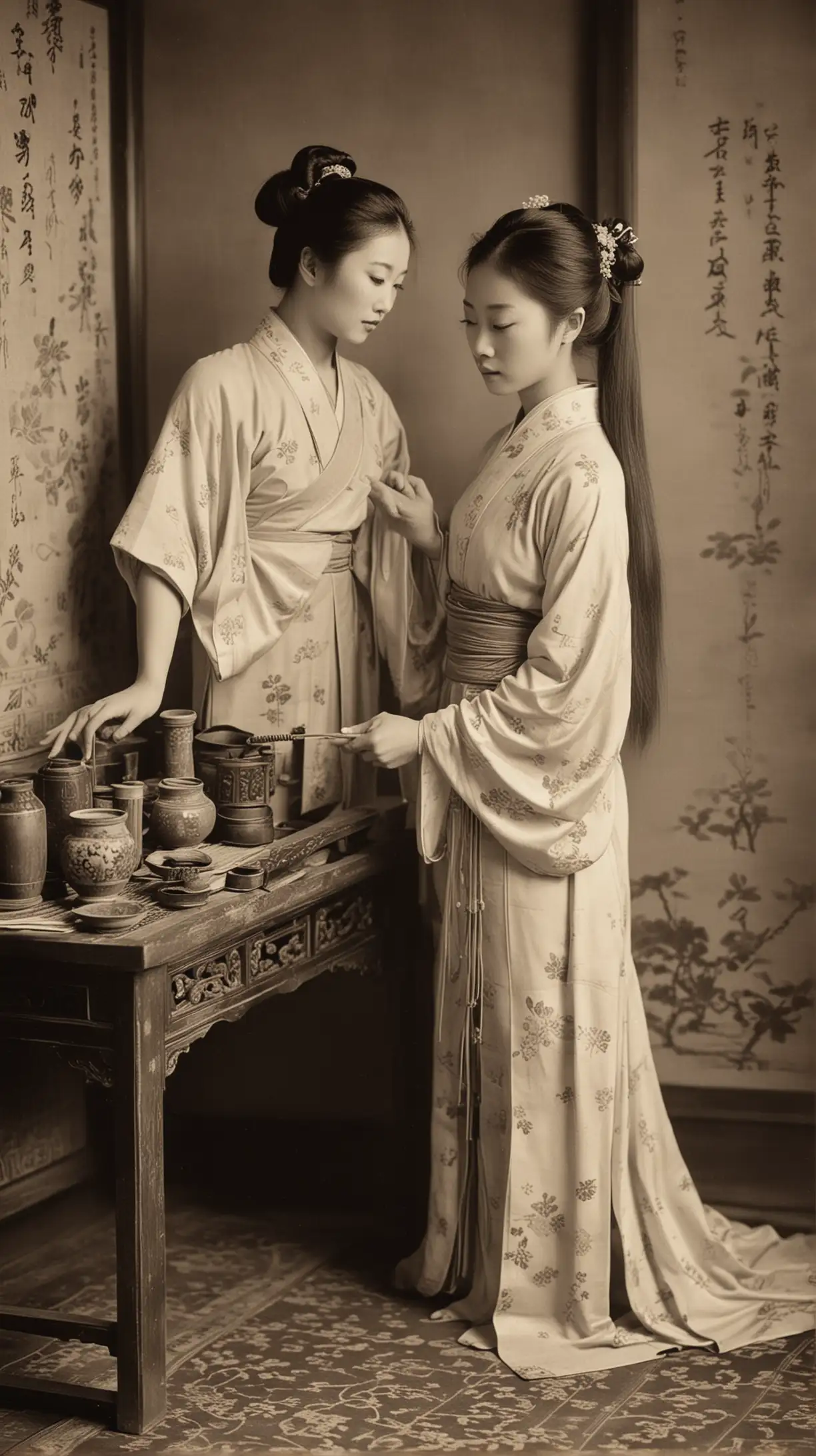 sensual Chinese concubines, applying incense to her bare body, in a small private room in 19th century Beijing 