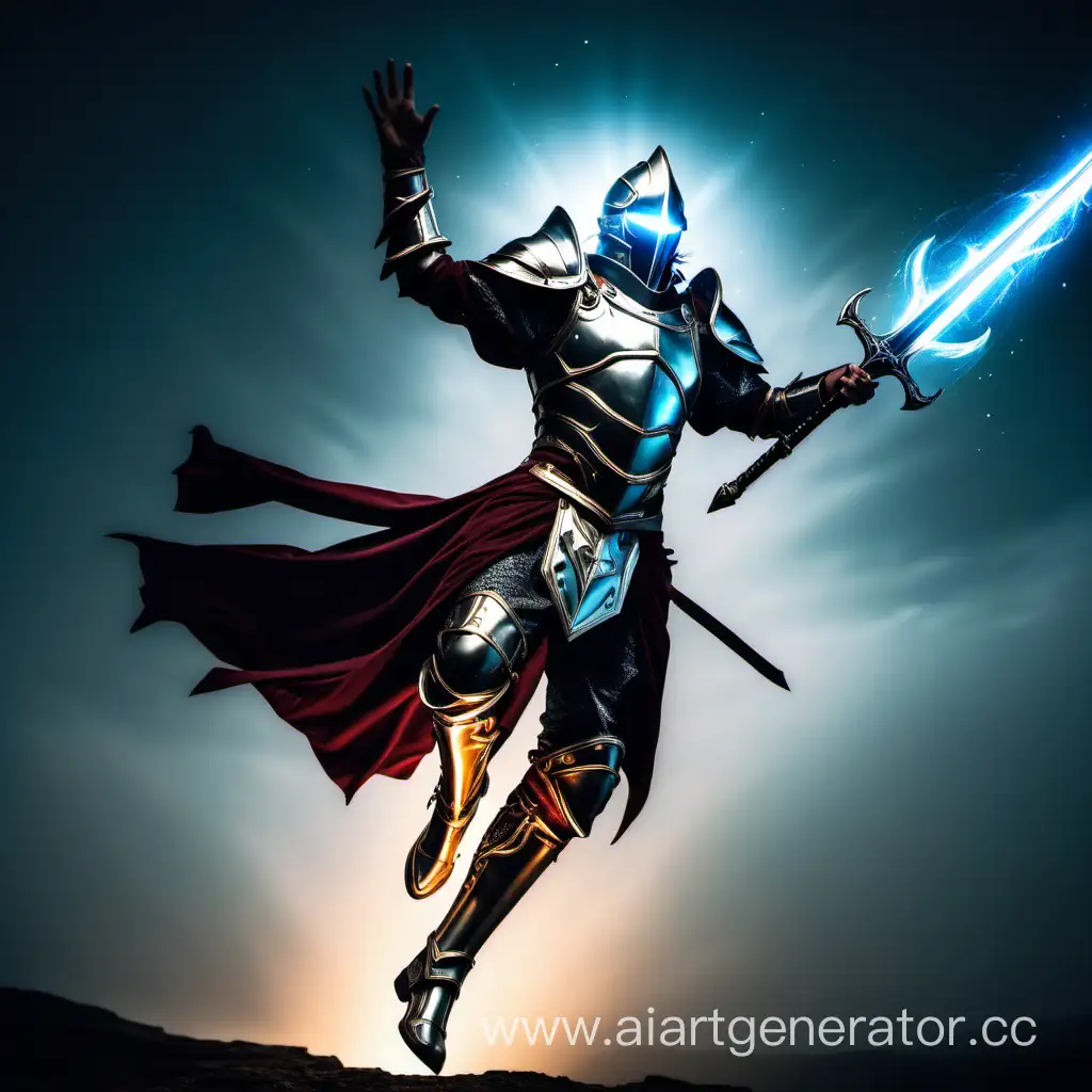 Dramatic-Skyfall-Warrior-in-Glowing-Armor-Descends-with-Sword