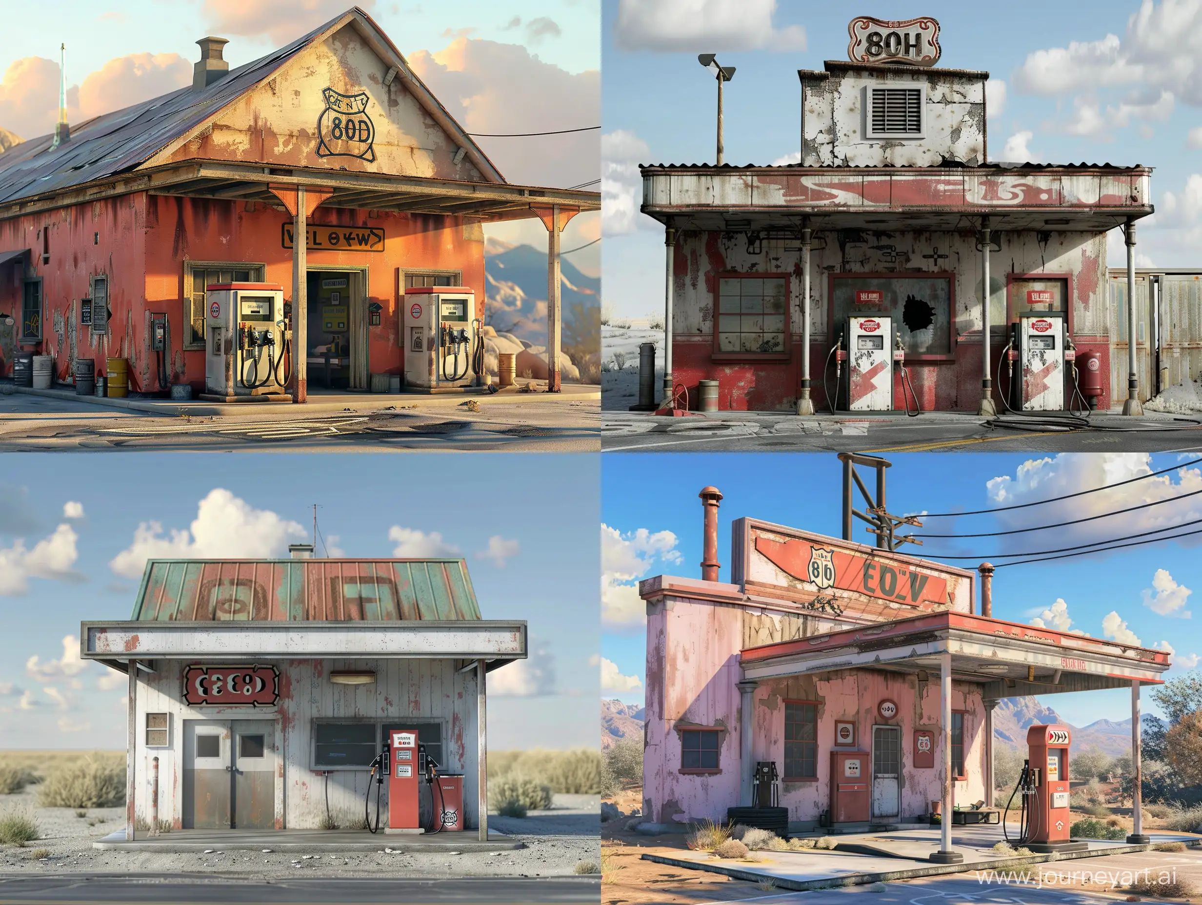 old 80th American gas station, road 66, no people, photorealistic
