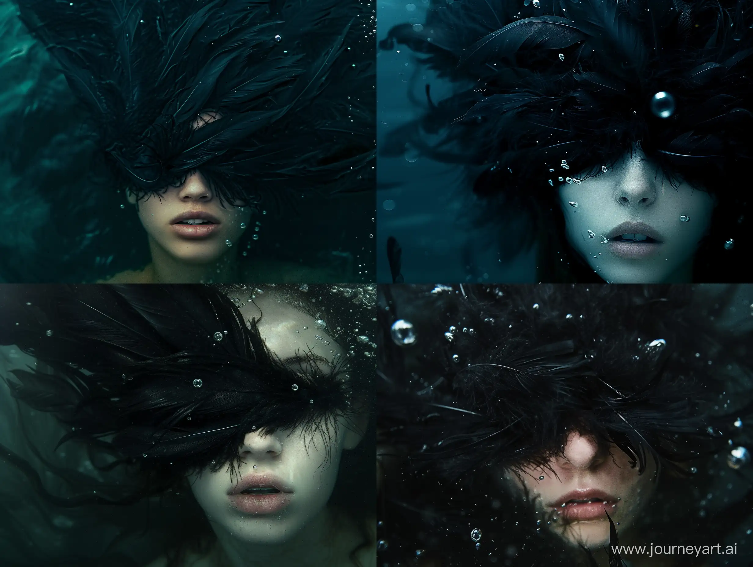 black feathers are covering eyes of the girl under the water, out of her mouth are going air bubbles, dark colors mystical vibe,  