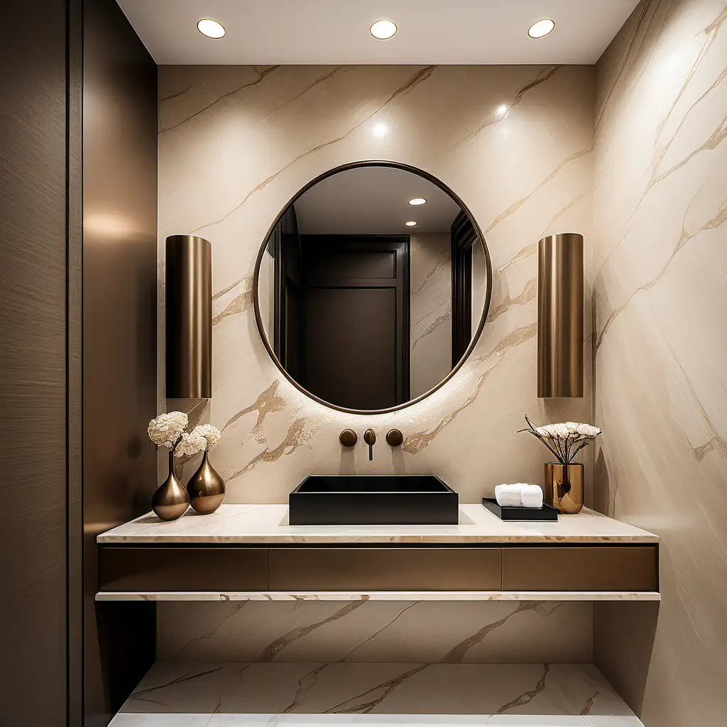 Interior design of a luxury guest bathroom with beige marble tiles and beige texture wallpaper with floating vanity, and bronze accents.
