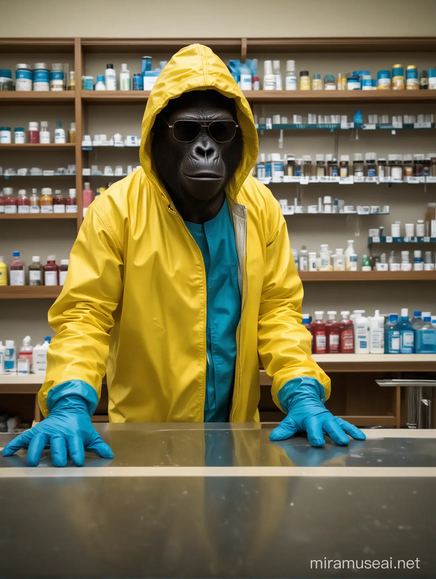 Breaking Bad Style Gorilla Pharmacist Surrounded by Medication
