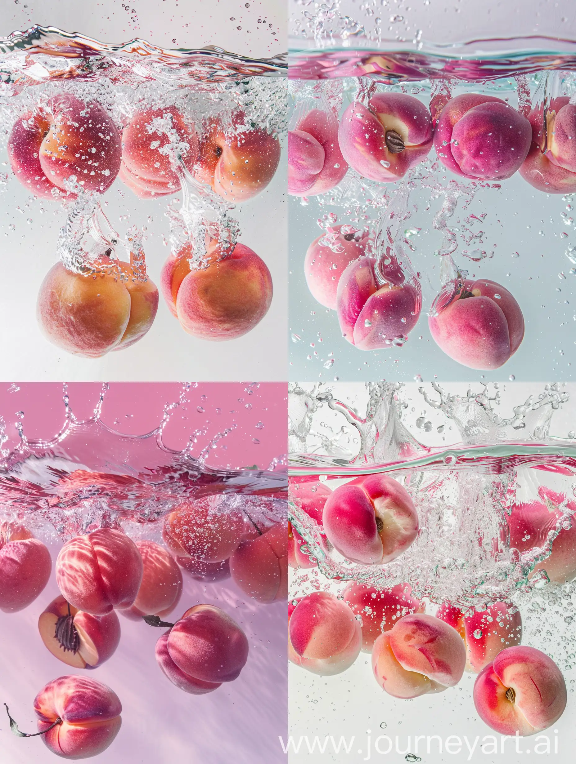 粉色的水蜜桃掉在清澈干净的水里激起水花，浅粉色