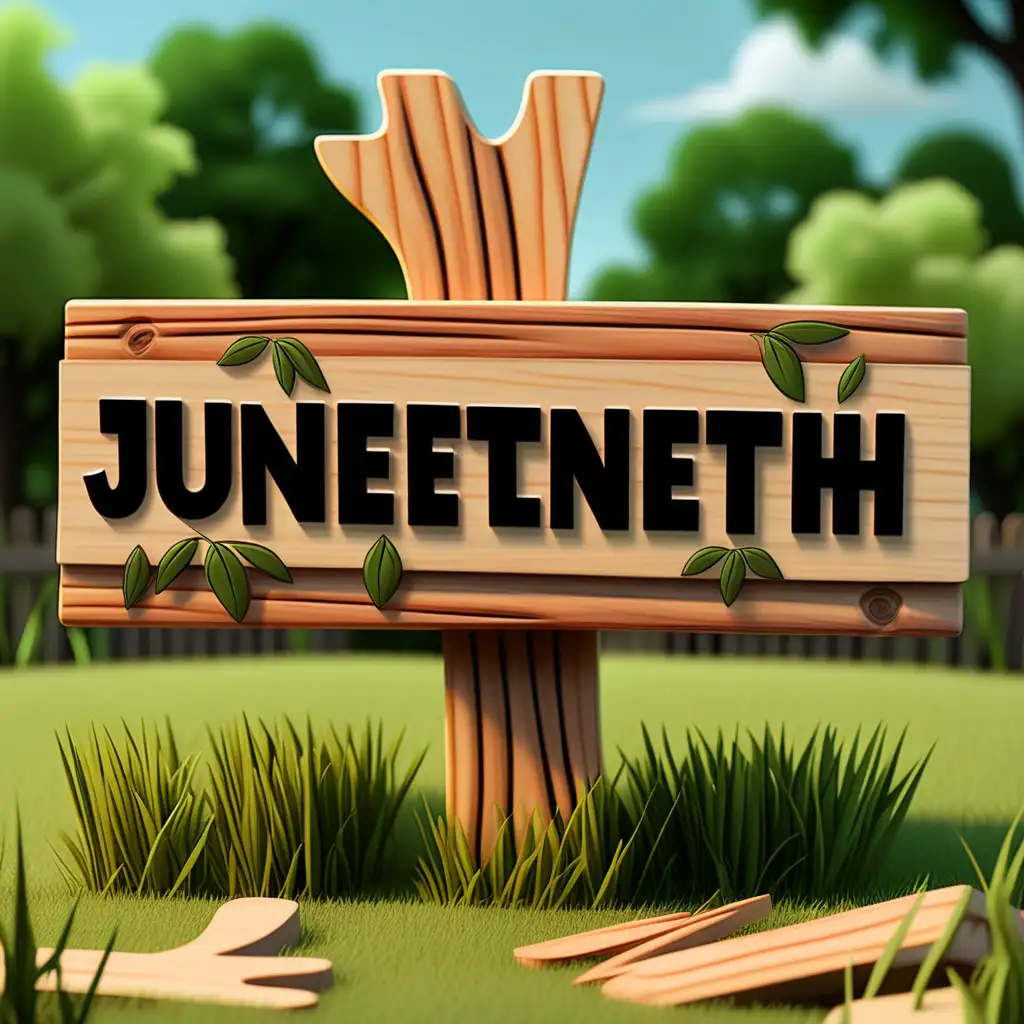  cartoon style wooden sign with the words "Juneteenth" in the grass