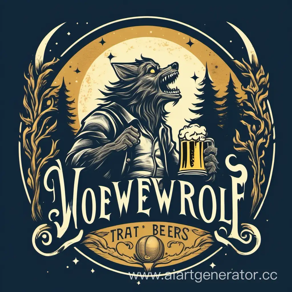 Design a captivating vintage-style logo that seamlessly blends a werewolf, a full moon, and the joy of beers. Draw inspiration from classic illustrations, creating a nostalgic yet timeless feel. Incorporate a lighthearted and whimsical touch to the werewolf, perhaps enjoying a cold beer under the full moon. Balancing elements of mystery and camaraderie, the logo should convey a sense of fun and celebration, making it the perfect emblem for a unique and memorable experience.