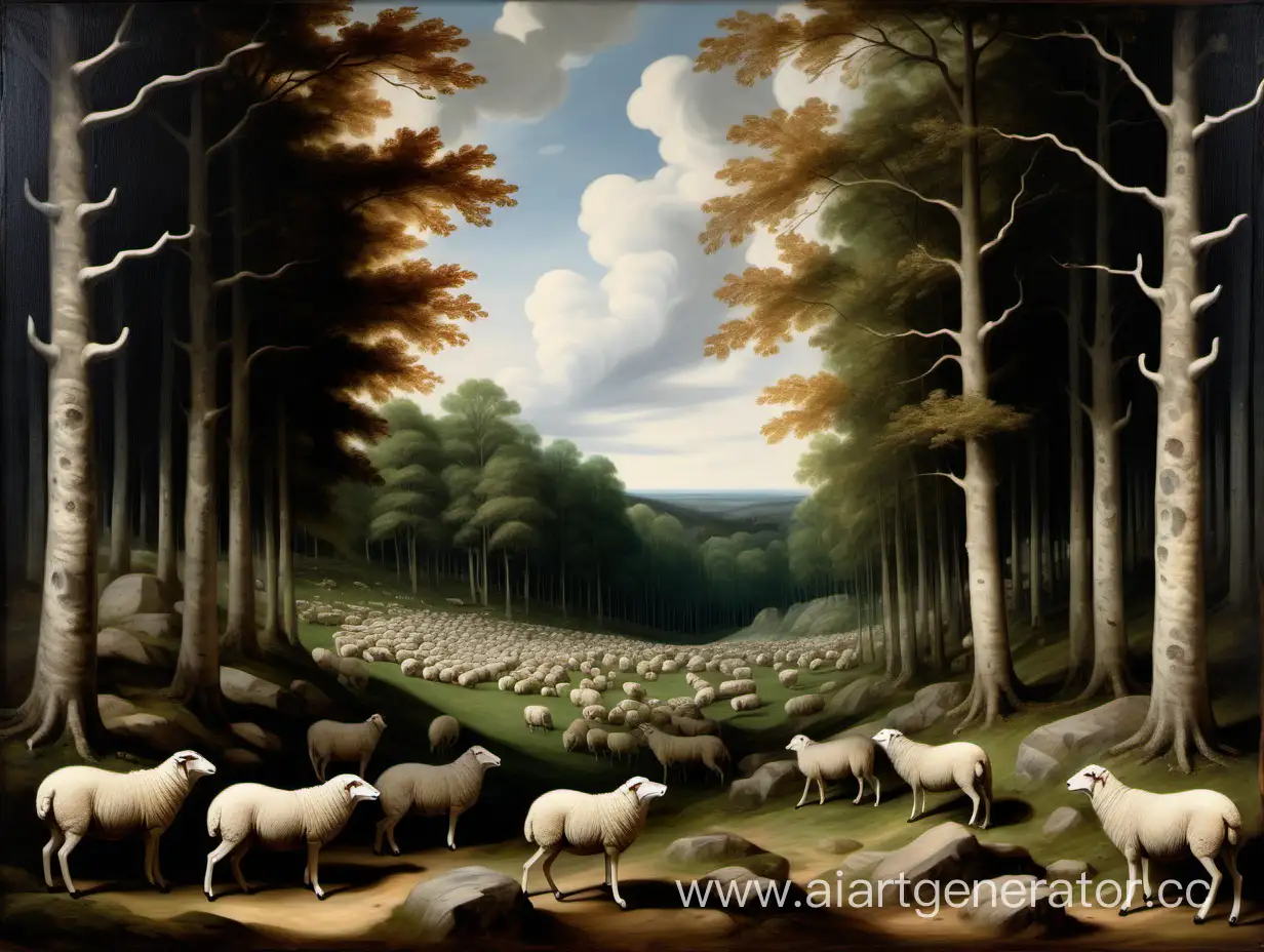 Enchanting-Forest-Glade-Sheep-and-Wolves-in-Oil-Painting-Style