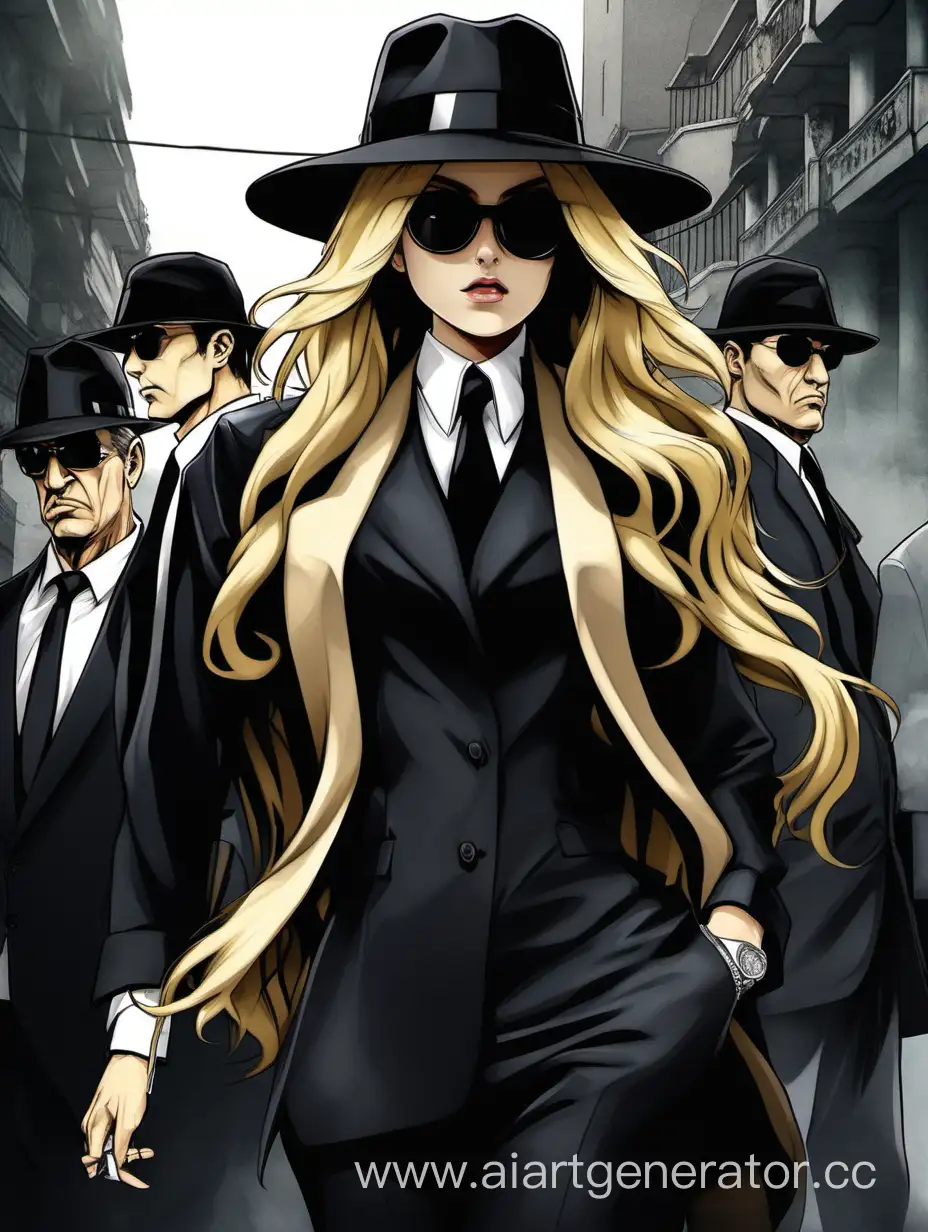 Blonde girl with long hair, mafia boss, black glasses, black hat, black clothing, guards nearby in black suits