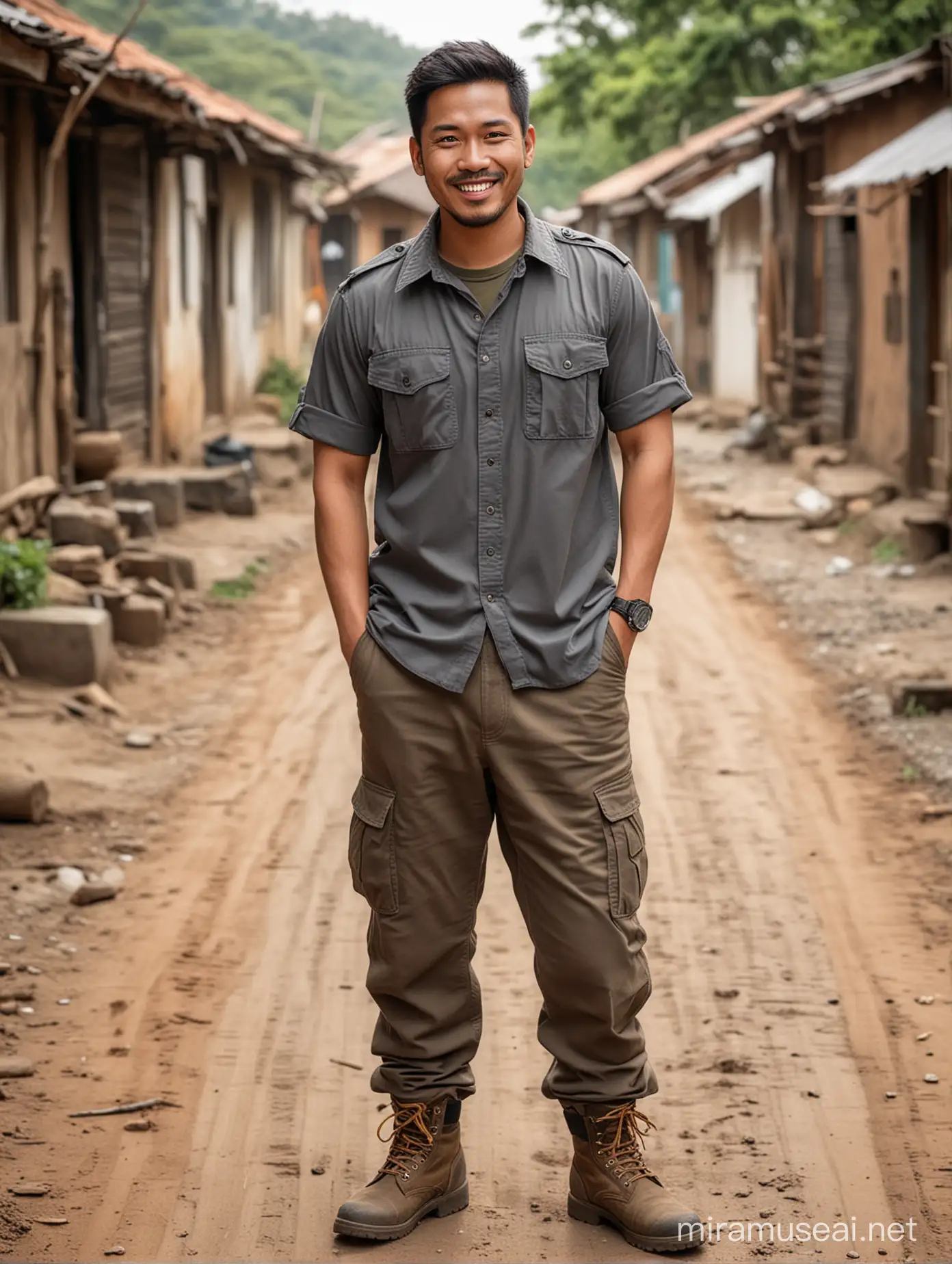 Smiling Indonesian Man in Tactical Attire Stands on Village Dirt Road