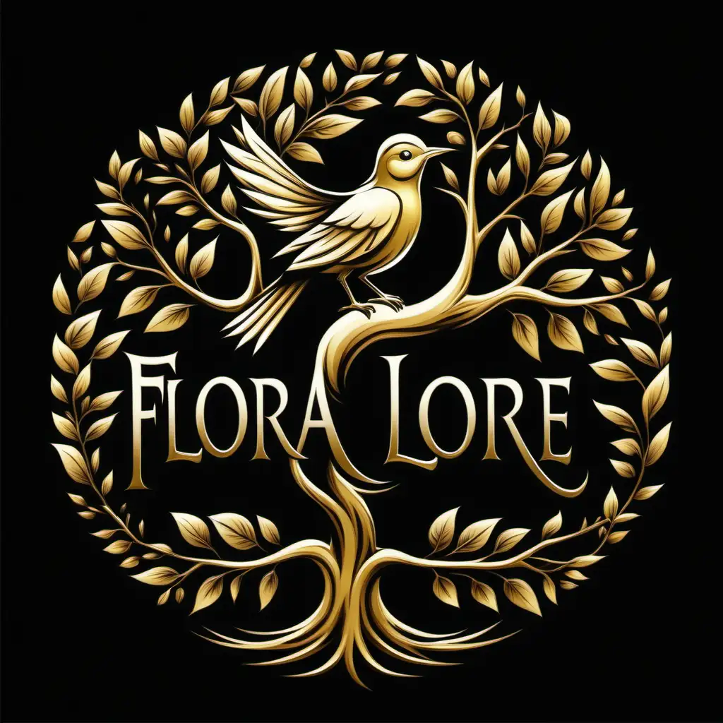 A logo with the name Flora Lore, but make FloraLore all one word, a bird signing on top of a tree, use vector image, with black background, use different shades of gold and white in the image 