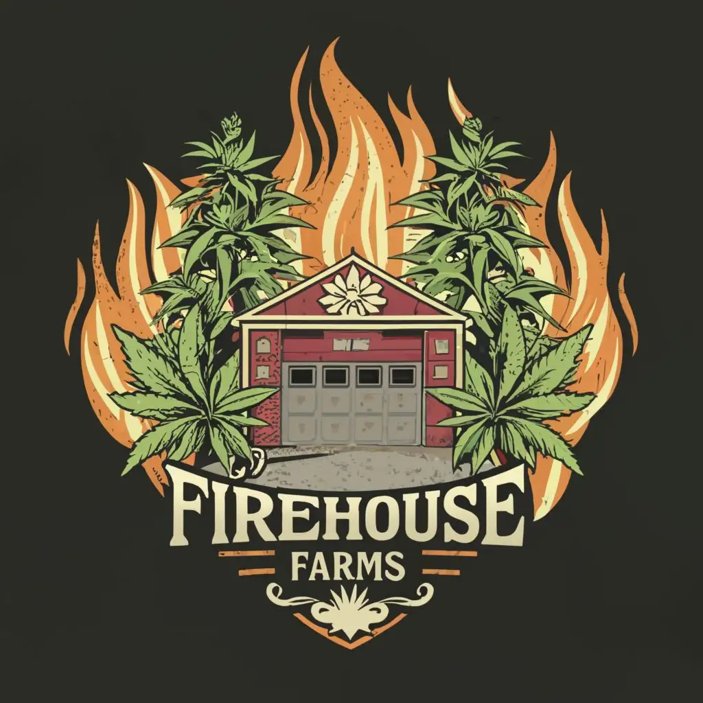 logo, Fire Station Cannabis Leaves Flames Smoke, with the text "Firehouse Farms", typography