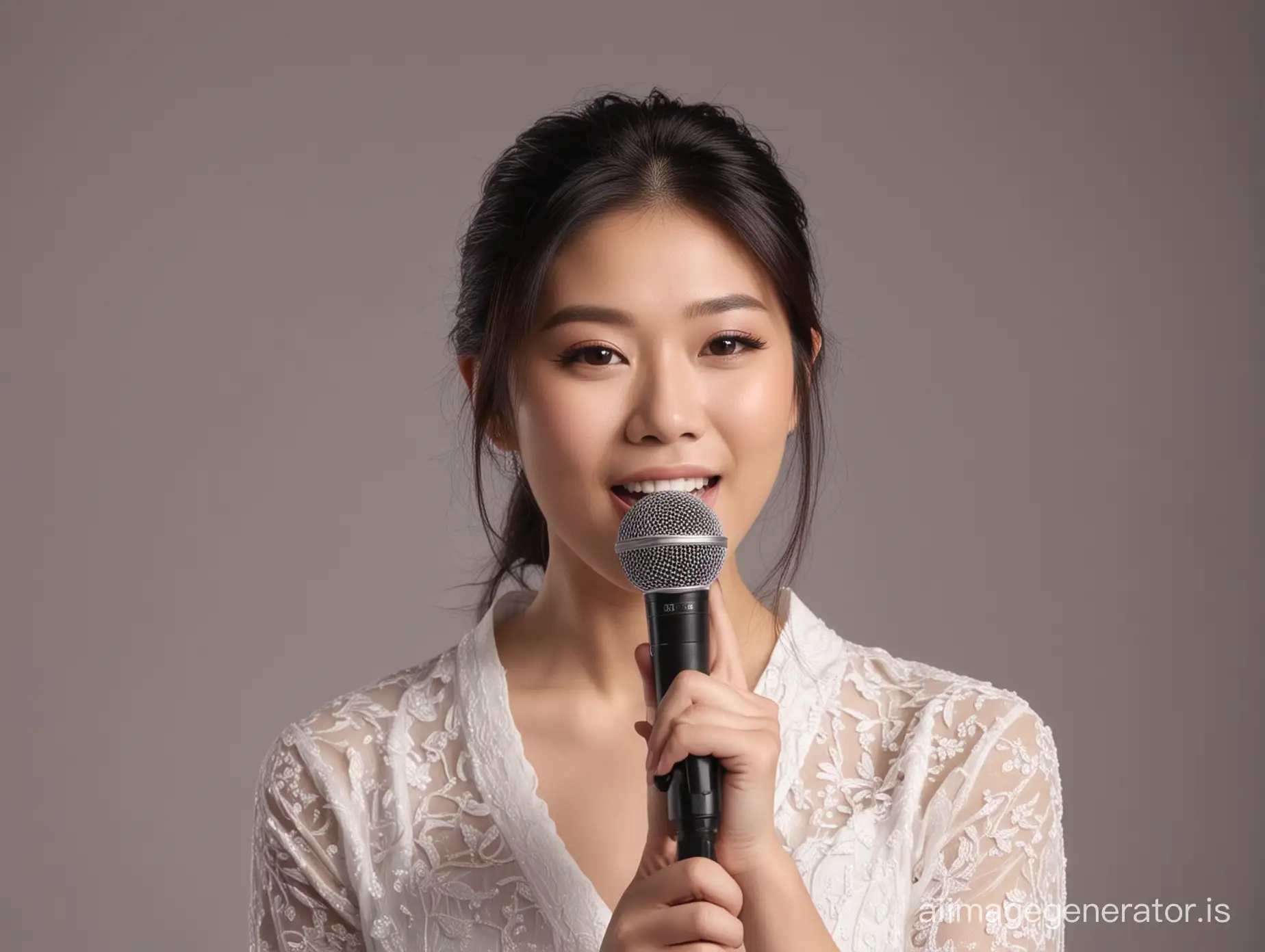 Video of an Asian female singer singing with a microphone held by hand