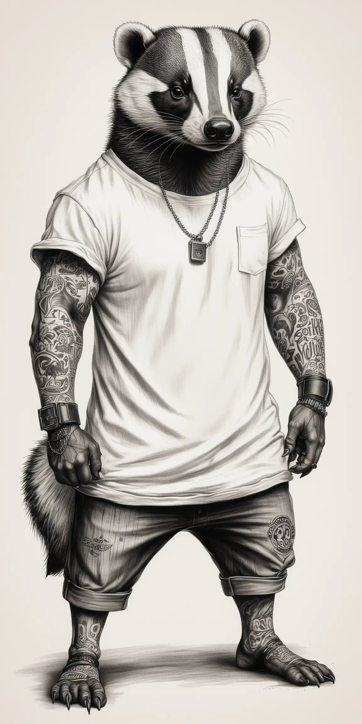 A HAND DRAWN BADGER DRESSED LIKE A GANGSTER IN A WHITE TEE SHIRT WITH TATTOOS
