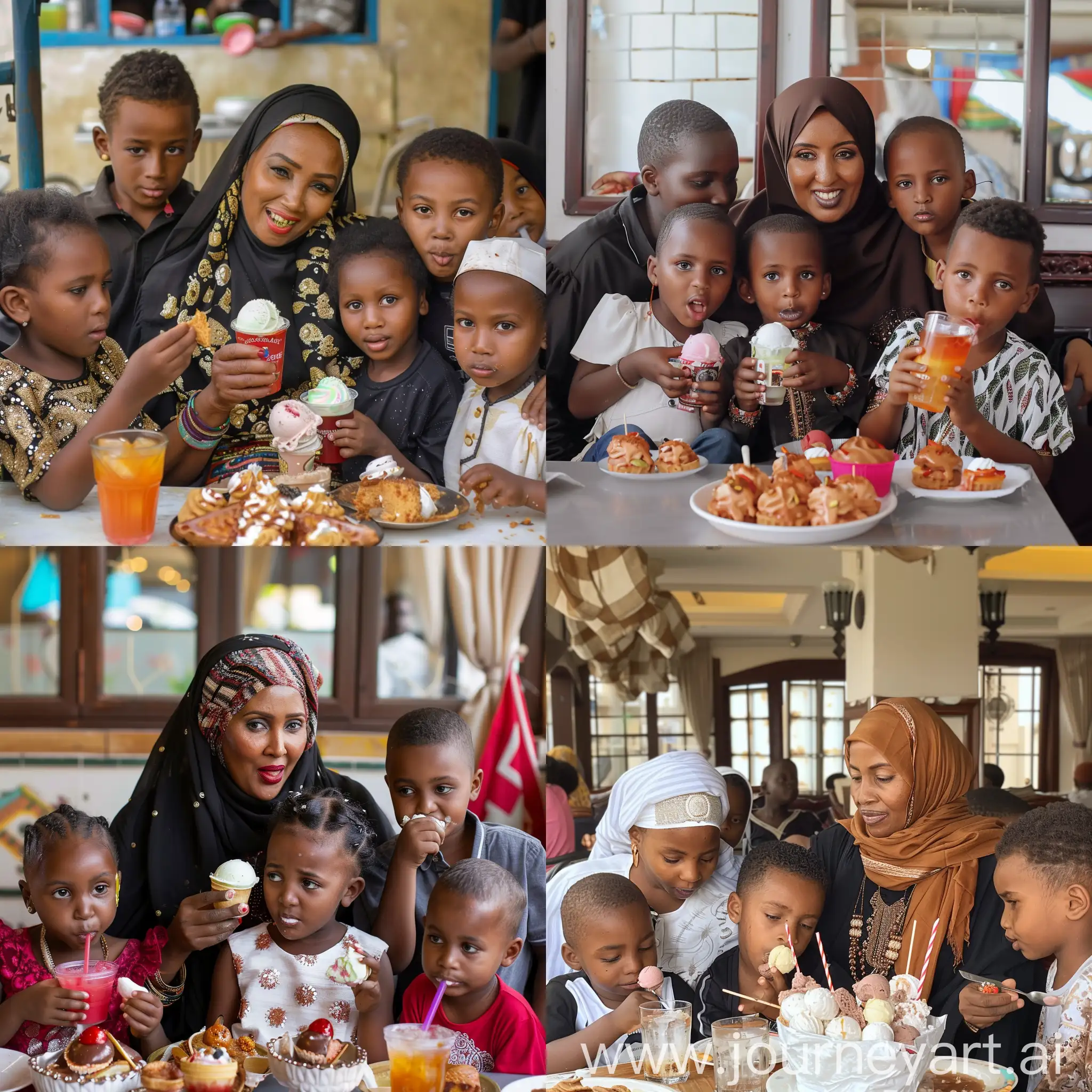 A somali rich wealthy women at her middle age with her 5 kids, eating ice-cream, dessert, drinking soft drink. Make sure to make the children 2 of them girls and 3 another should be teen somali boys.