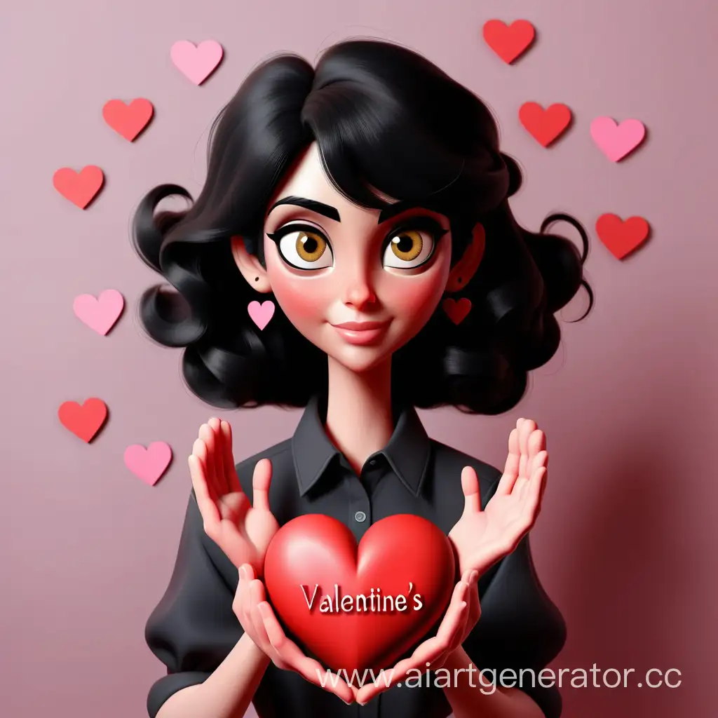 Учительница с чёрными  волосами с кариеми глазами держит сердечко с поздравлением на день святого Валентина 