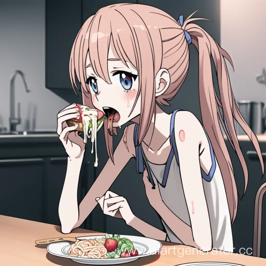 худая аниме девушка ест и очень стильно плачет отчаянно плачет