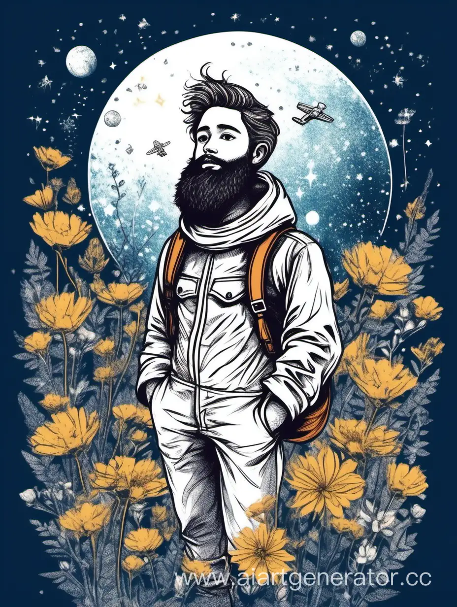 illustration, miniature man like doll, casual cloth, beard, wildflowers flying on space background,  sketch drawing style, poetic face, 