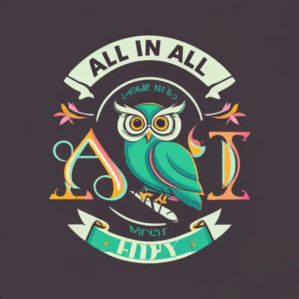 logo, Logo, owl, on black background in classic colors, with the text "ALL IN ALL", typography, with the text "All In All", typography, be used in Entertainment industry