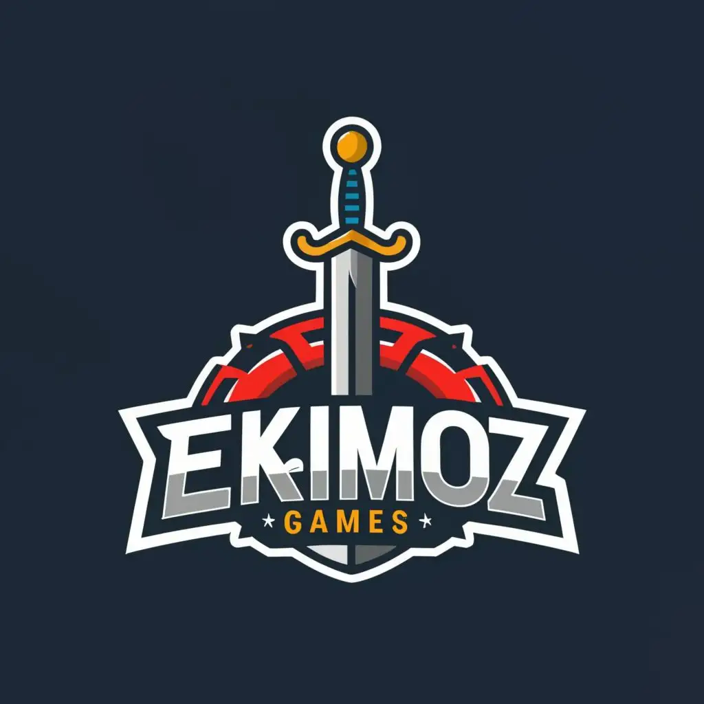 logo, Sword, with the text "Ekimoz Games", typography, be used in Entertainment industry