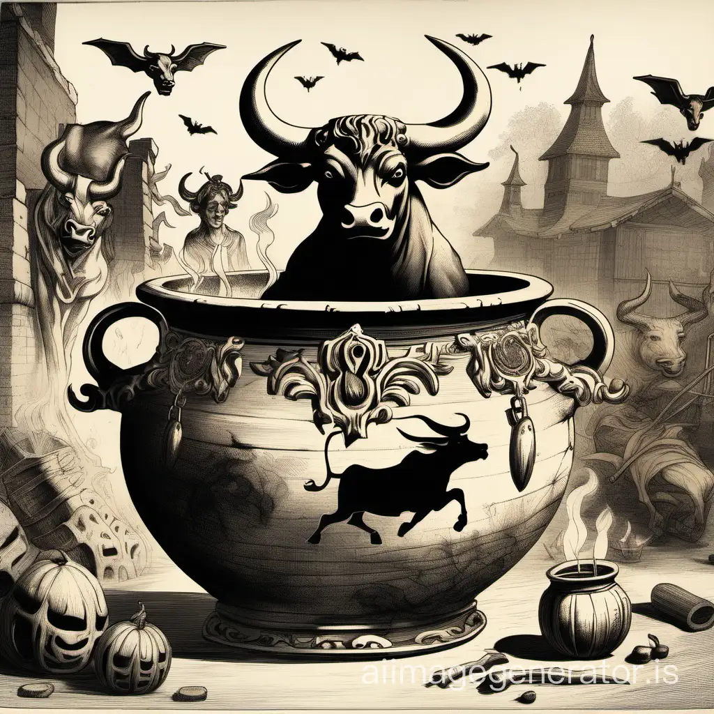 A pot decorated like a bull, in the background are some witches