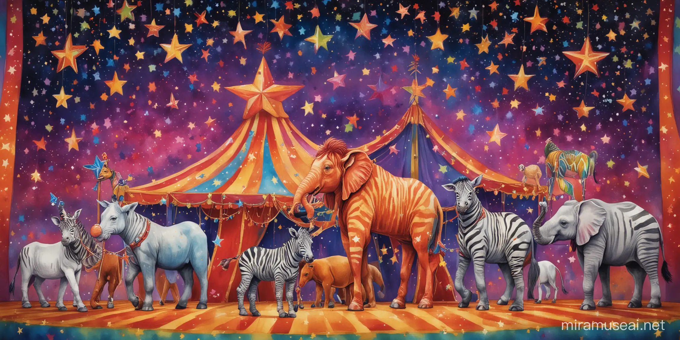 painted circus 
animals with colourful

 stars in background
