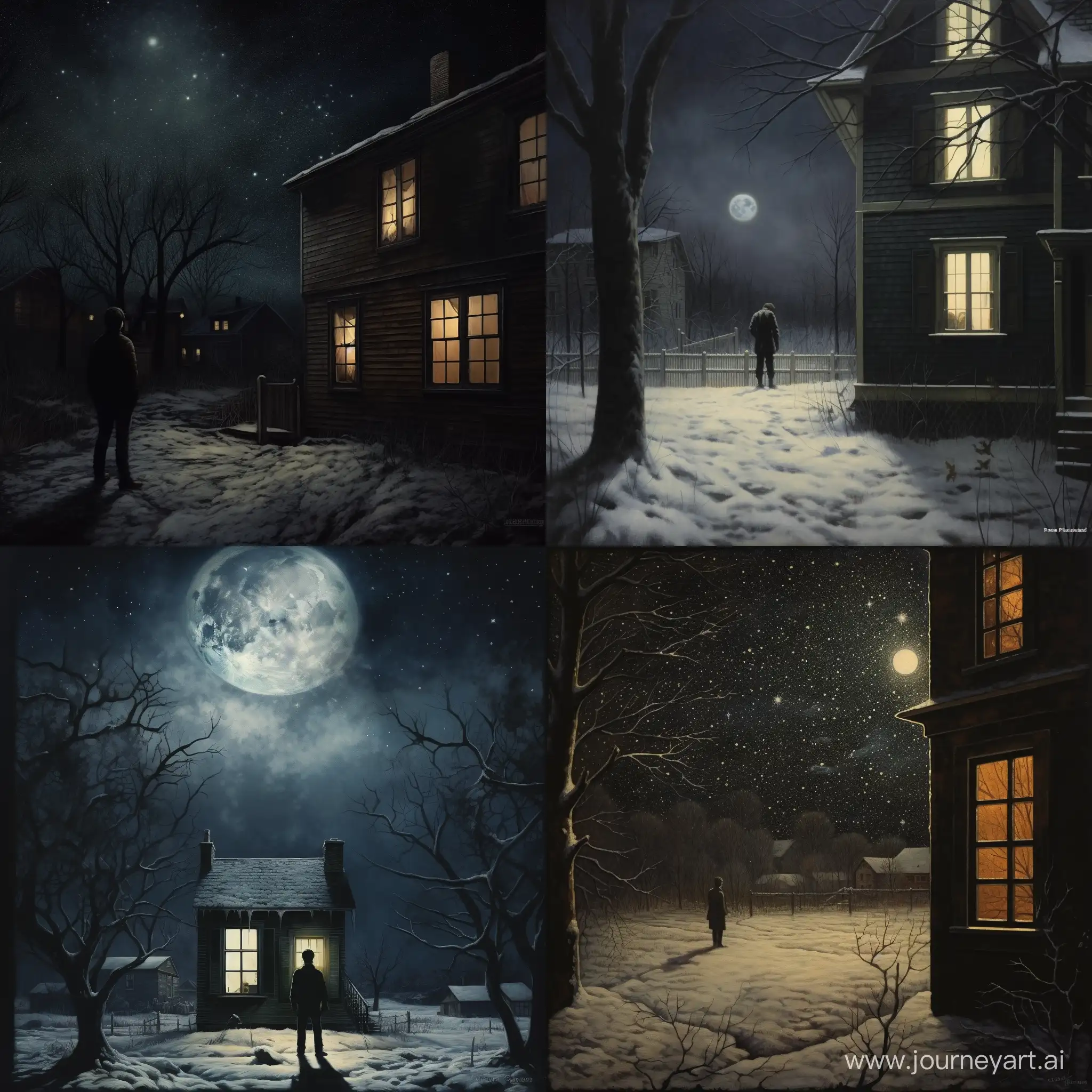 лунная зимняя ночь, мужчина стоит под окном дома