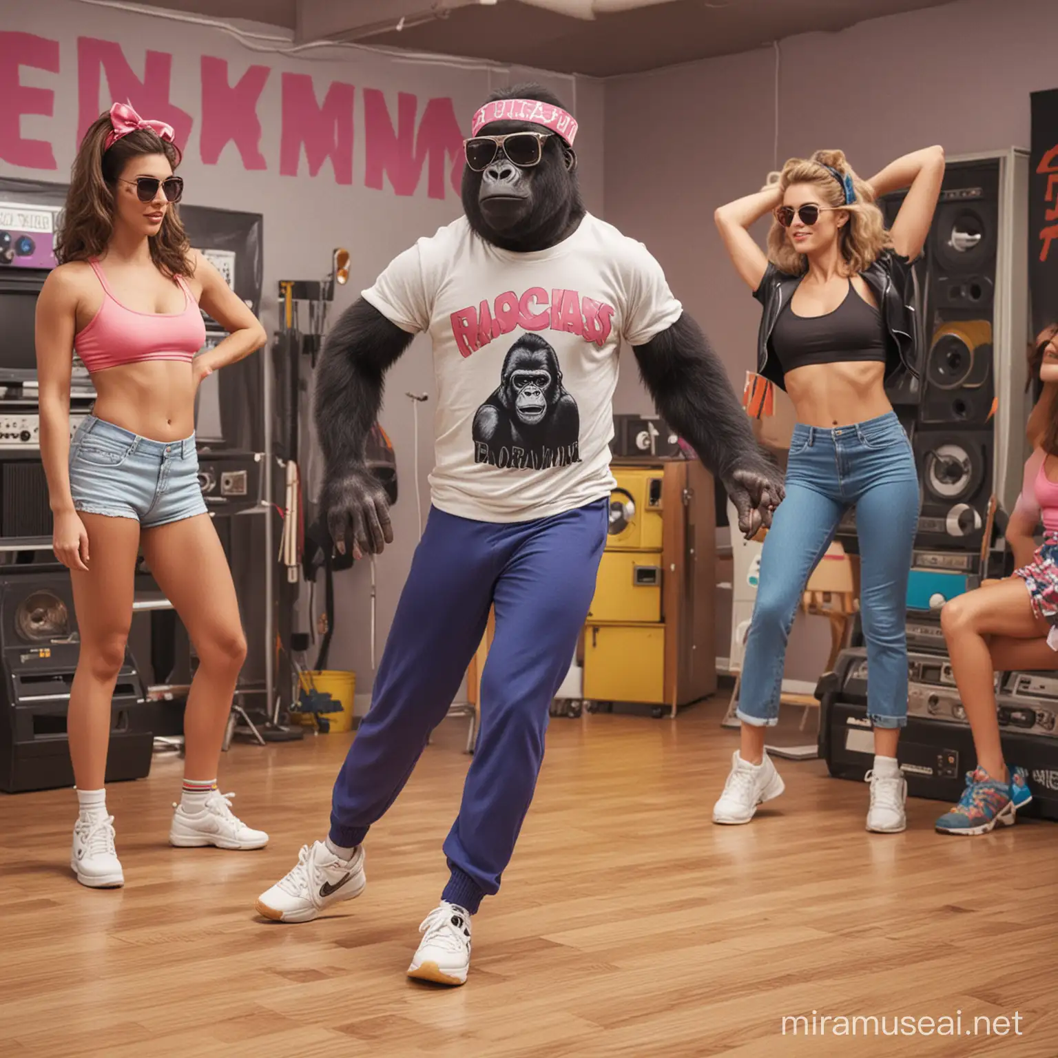 Gorila vestido con ropa de gimnasia estilo años ochenta. Esta bailando aerobics rodeado de mujeres sexys. El fondo se ve como un estudio de tv de los años ochentas y en suelo se encuentra un equipo de musica ochentoso. El. Gorila lleva una vincha de colores en su cabeza y gafas de sol oscuras. Su torso esta cubierto por una remera blanca con letras negras que dicen CHOOSE GYM. Su calzado es blanco deportido nike