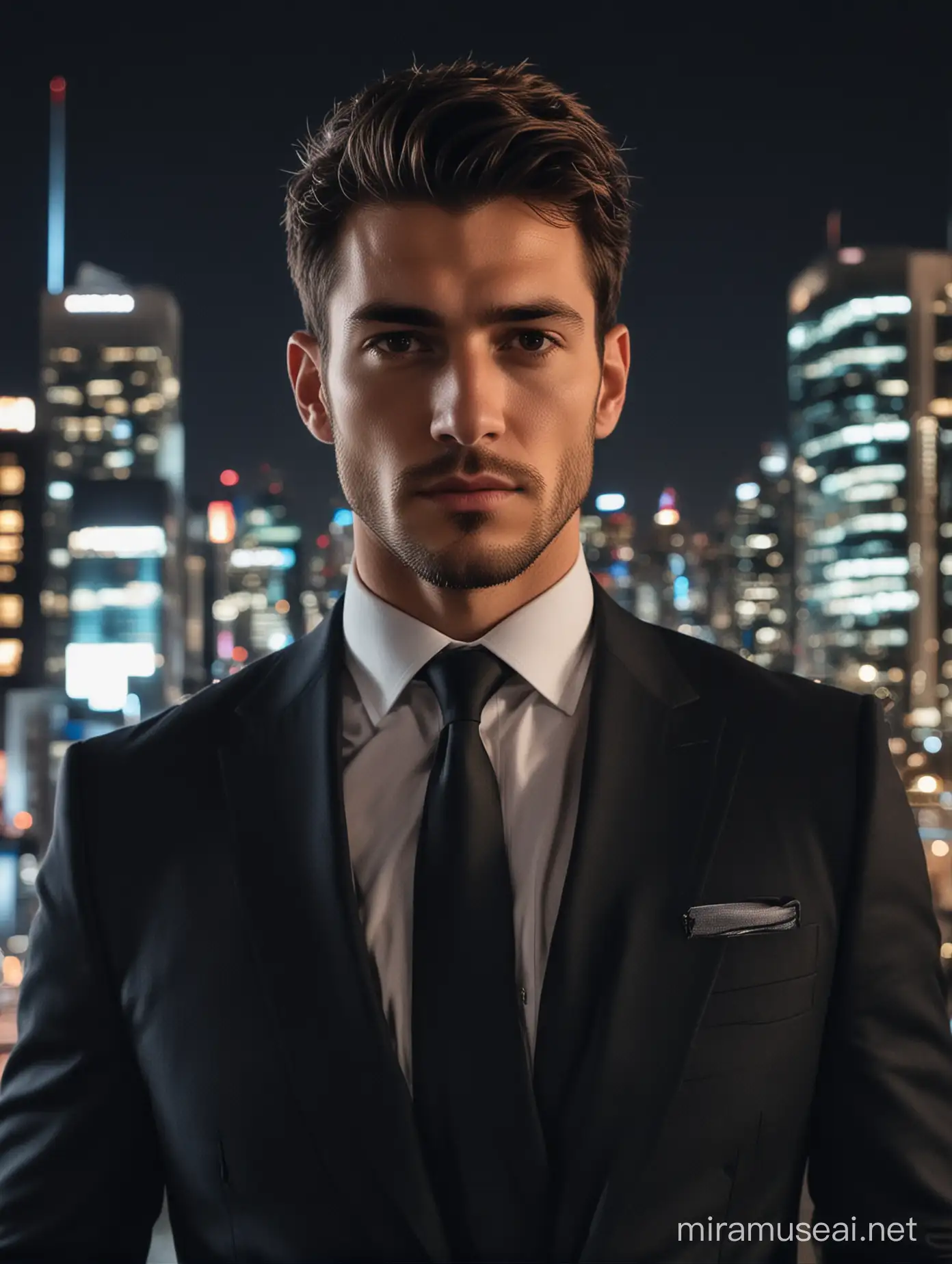 The man is so masculine and handsome and he’s wearing a business suit while looking at the camera with an intense aura. The background is night time and there’s a lot of lights at their back because there’s a lot of buildings. 