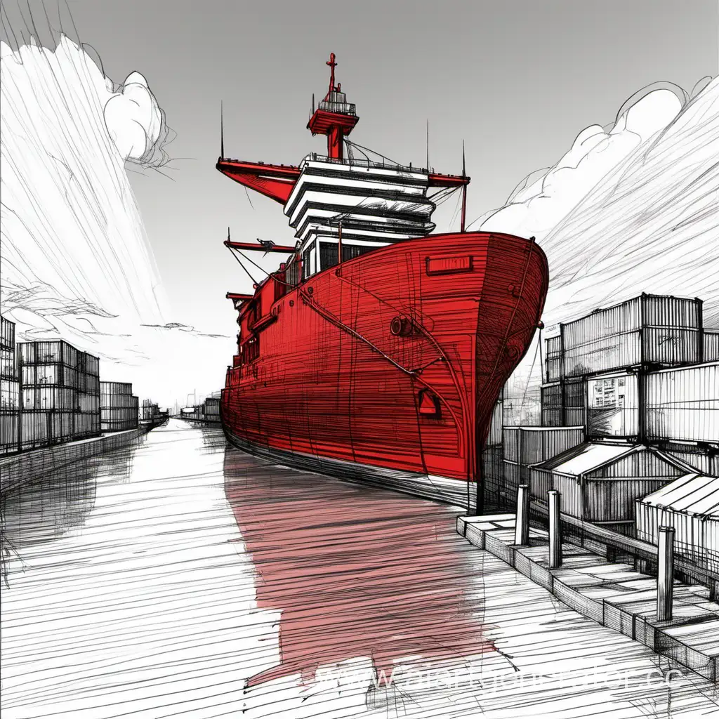 Modern-Red-Trading-Ship-Sketch-on-the-River-Under-a-Dramatic-Sky