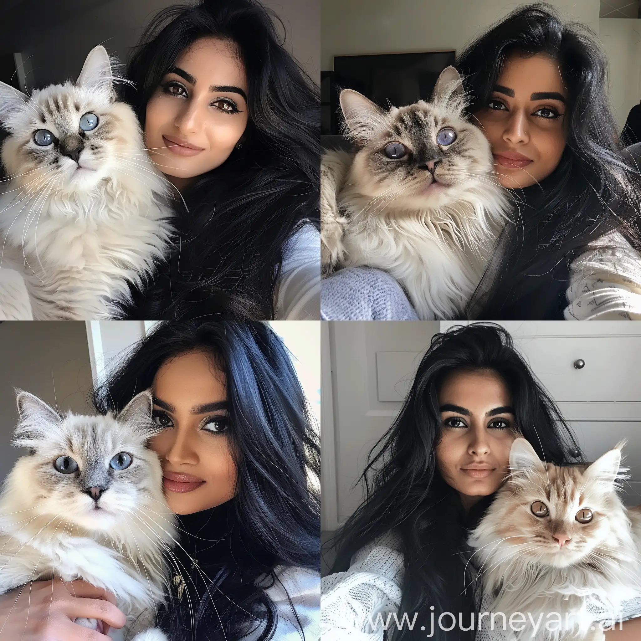 A beautiful british Pakistani women with long black hair taking selfie with a dark face and white body ragdoll cat--v 6