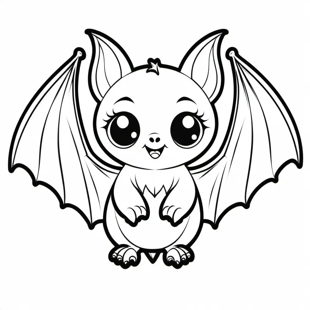 simple cute bat animal
coloring page
line art
black and white
white background
no shadow or highlights