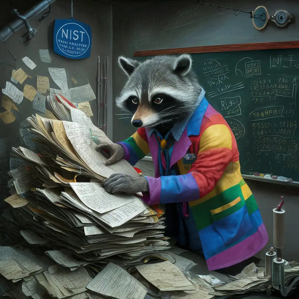 A magical racoon man searching through millions of scientific papers to find the answers.  Hewears a gay pride colored lab coat.  A sign above his head says "NIST"