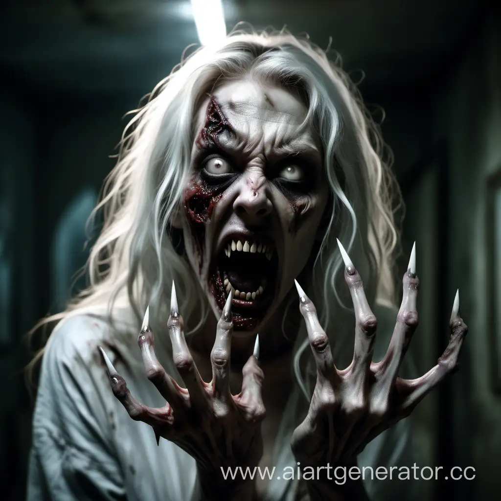 A horrifying nightmare scene of a zombie woman with long, curved pointed nails protruding from her fingers like menacing claws. Her skin is pale and rotting, and her eyes are a vacant, milky white. Her mouth is wide open, revealing a row of sharp, pointed teeth that resemble fangs. She stands in the center of a dimly lit room, High detailed, photorealism, hyper-realism.
