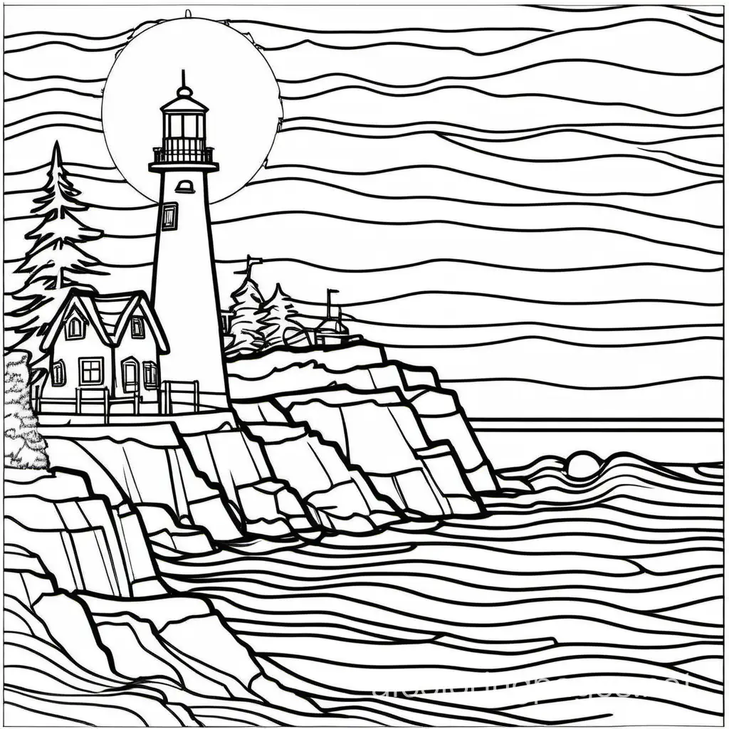 lake superior with a light house
, Coloring Page, black and white, line art, white background, Simplicity, Ample White Space. The background of the coloring page is plain white to make it easy for young children to color within the lines. The outlines of all the subjects are easy to distinguish, making it simple for kids to color without too much difficulty