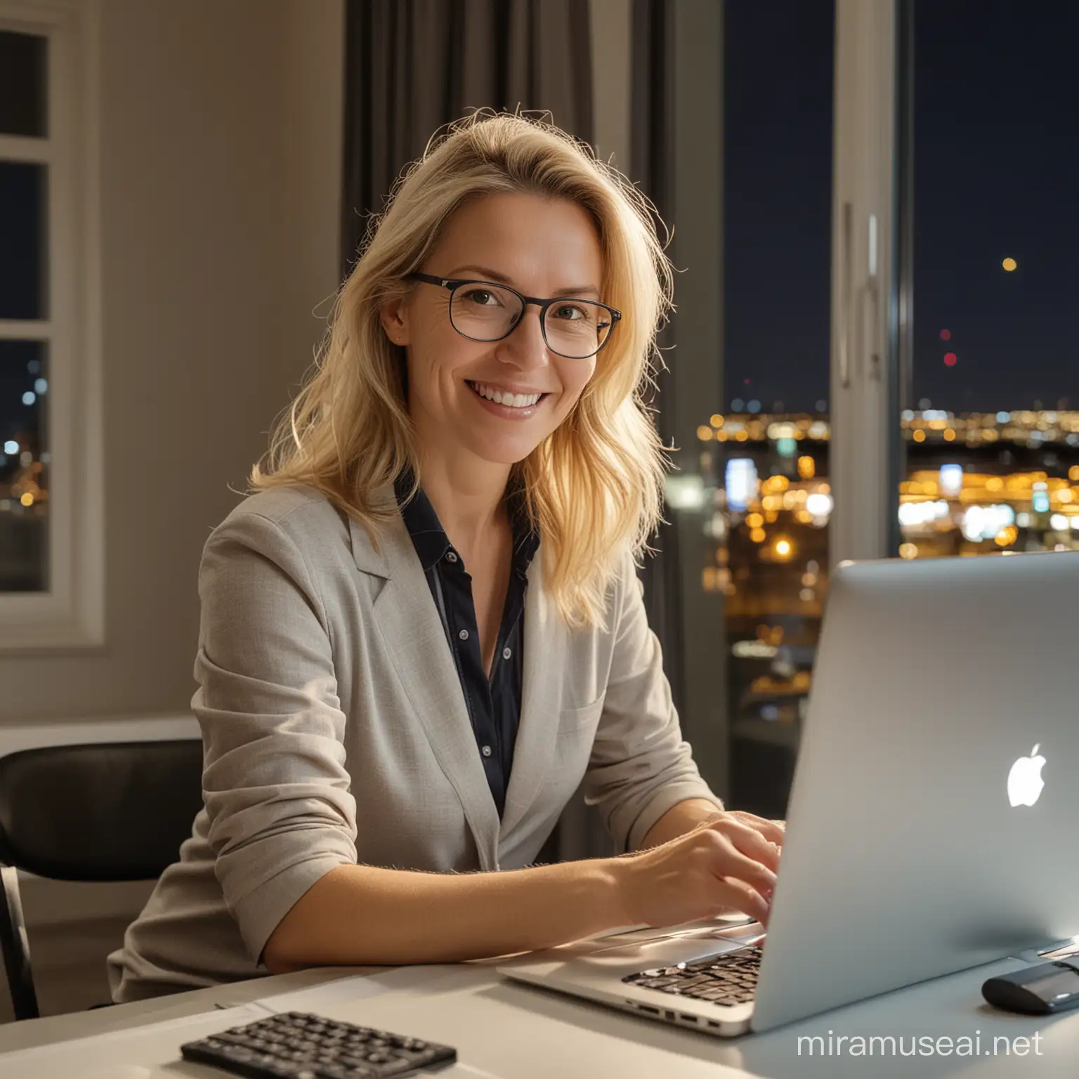 a 48-years old neat smart woman with half-lenth light hair, smiling, coding with computer in front of the window at night in Helsinki, town view outside of the window
