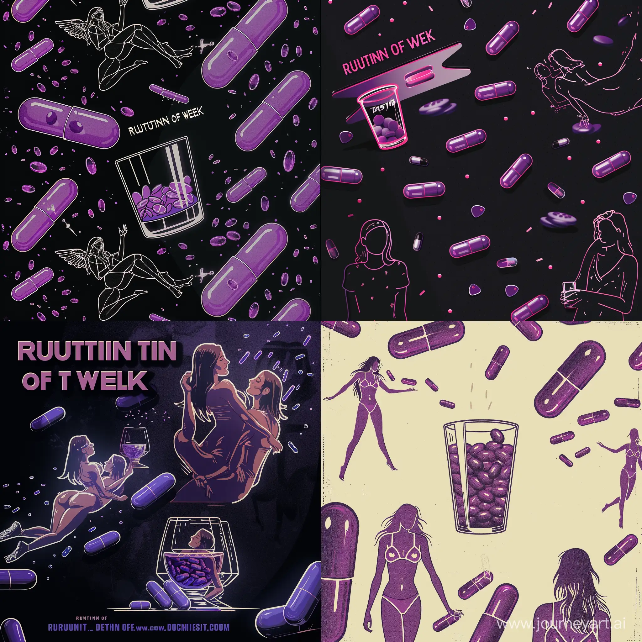 Weekly-Routine-Pills-Flying-Over-Women-Silhouettes-and-Purple-Liquid-Glass