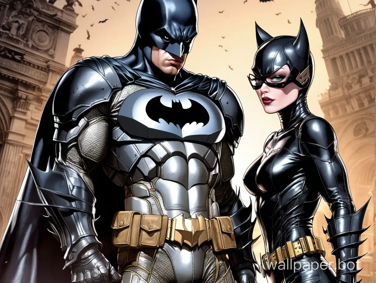 Batman in battle armor standing next to Catwoman staring at you