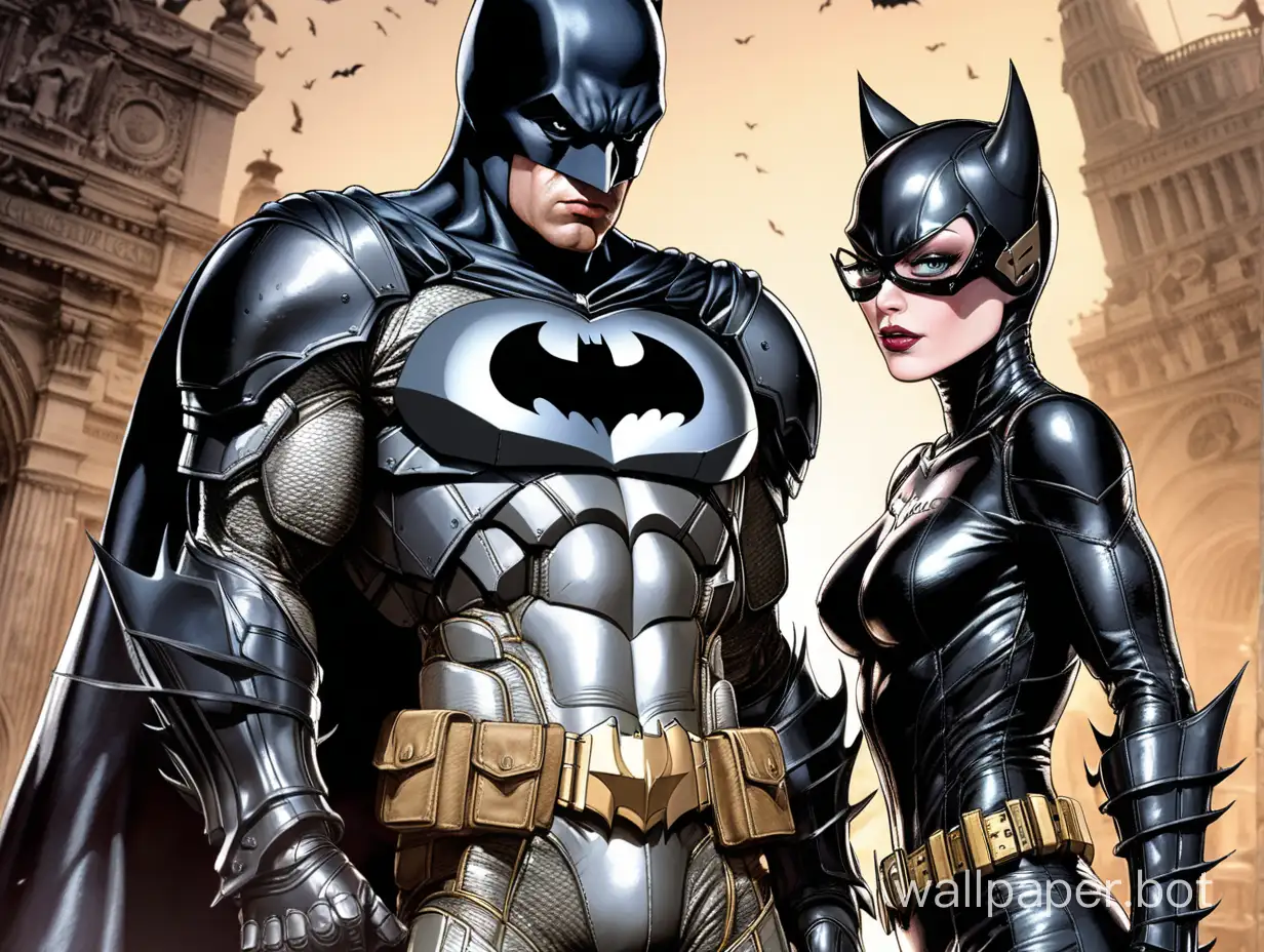 batman in battle armor standing next to catwoman staring at you 
