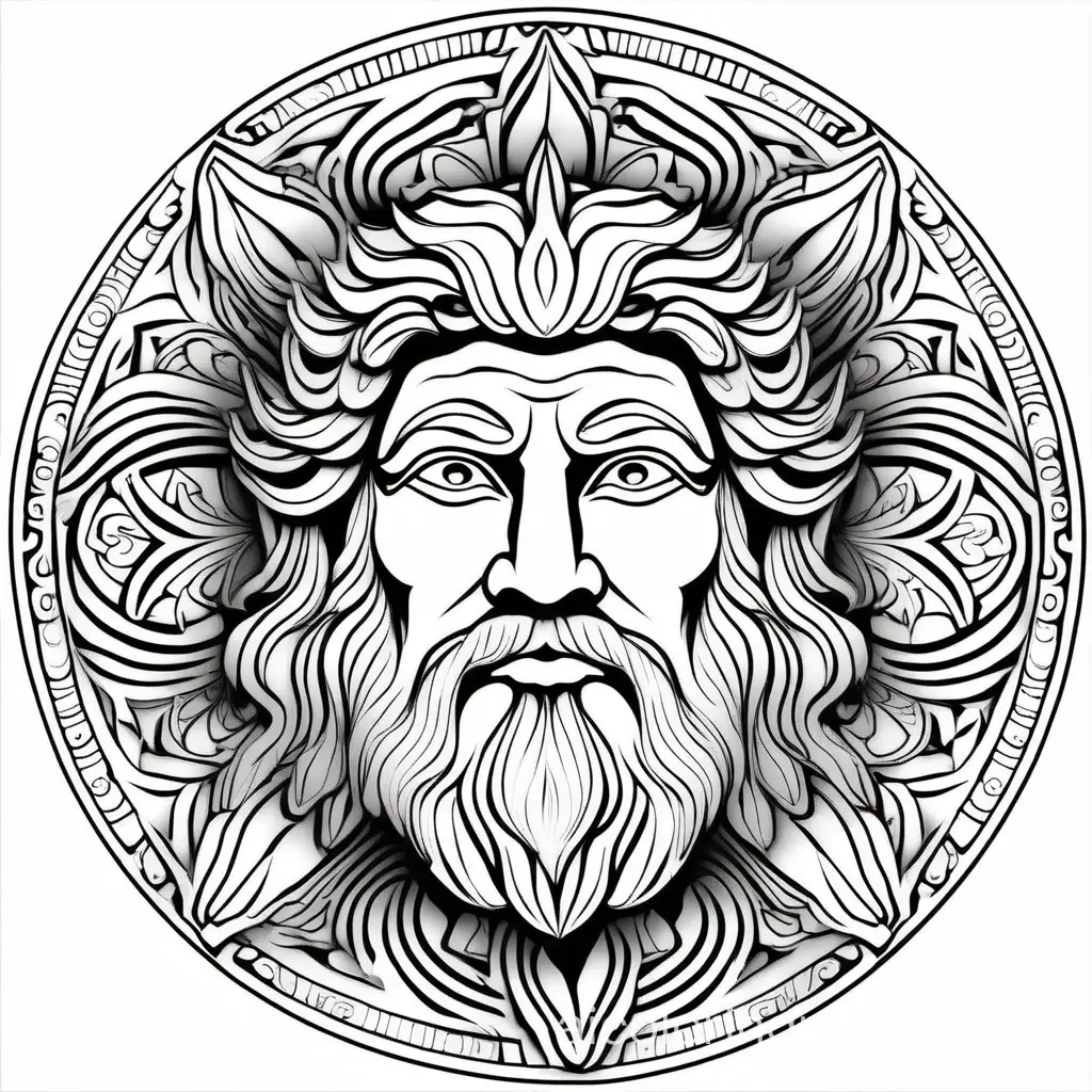 mandala background with Zeus picture , Coloring Page, black and white, line art, white background, Simplicity, Ample White Space. The background of the coloring page is plain white to make it easy for young children to color within the lines. The outlines of all the subjects are easy to distinguish, making it simple for kids to color without too much difficulty