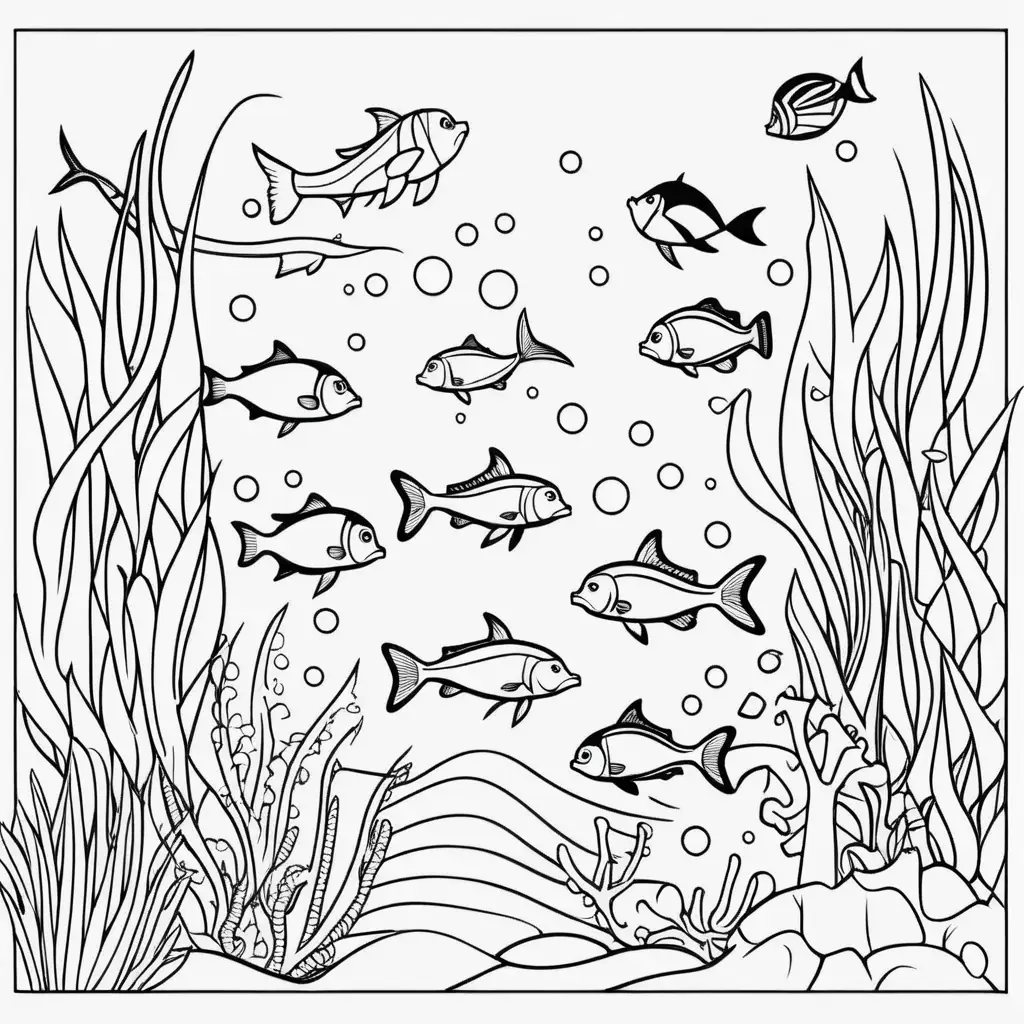 Underwater Creatures Coloring Page for Kids Simple Black Line Art