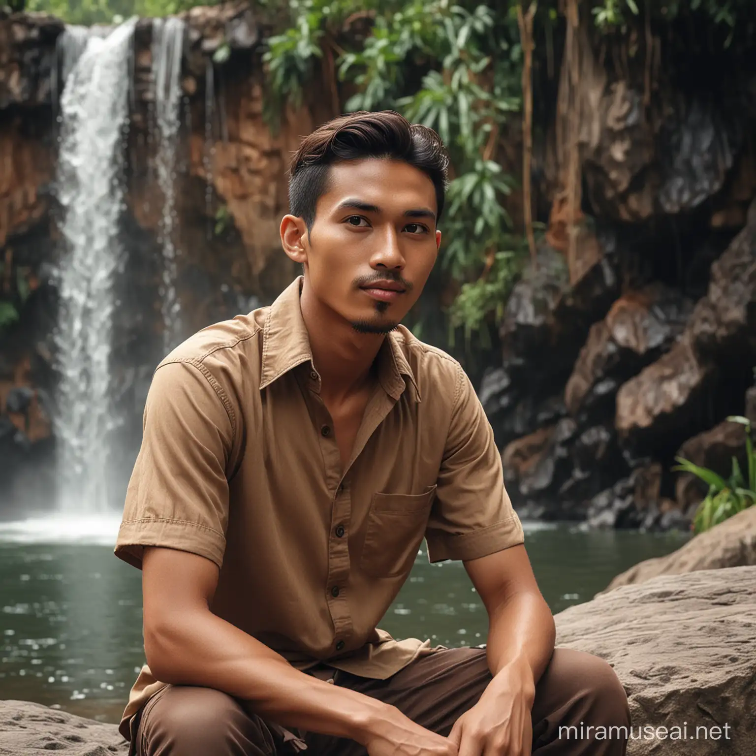 seorang laki laki usia 25 tahun wajah asli jawa indonesia , duduk di atas batu ,memakai kaos warna coklat ,Baiground air terjun . Kwalitas gambar super hd ,sangat terlihat relistis.