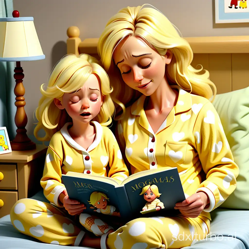 A yellow-haired mom in her pajamas reading a story to her child by her bedside
