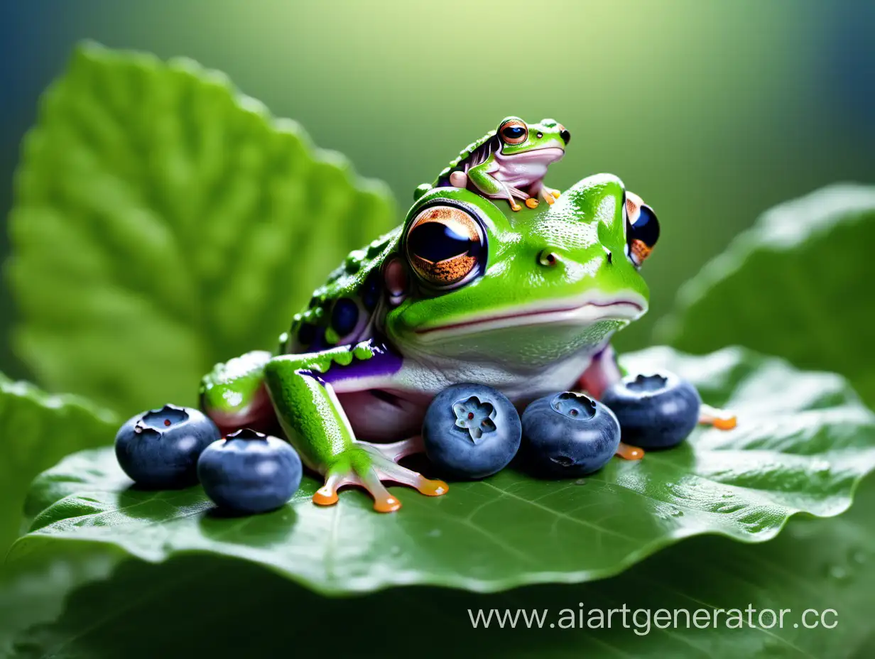 Adorable-Frog-Perched-on-Leaf-with-Blueberry-Crown