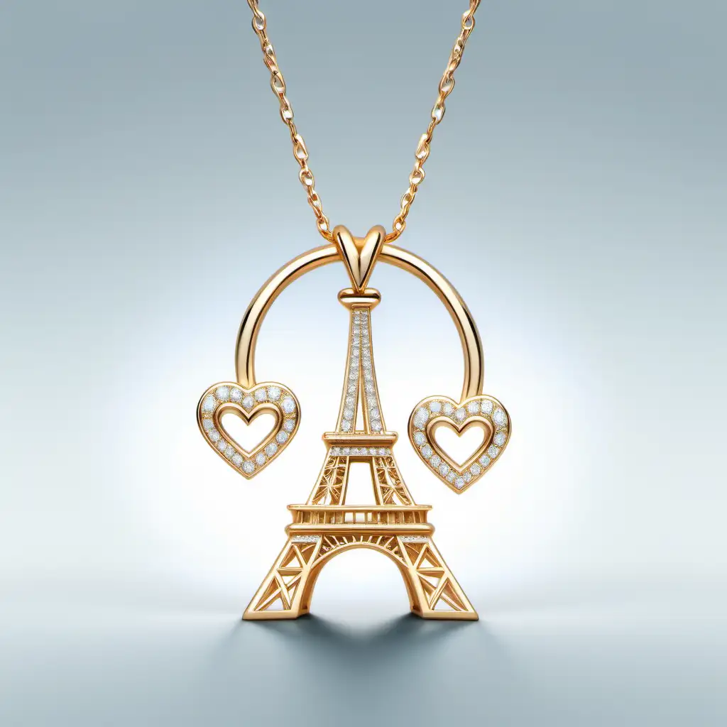 a beautiful jewelry pendant(only gold and diamonds)of eiffel tower, tower with two hearts side by side, small,unique, cool, ui,ux, ui/ux, website--v 4--ar 2:3
