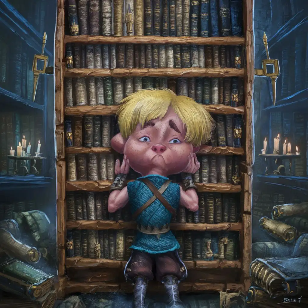 Mordenkainen the blonde catman boy warrior stares blankly at a library shelf. His puzzlement and confusion as to why bigs keep these things is an exercise in futility for his dumb boy brain isn't working today. He pushes his face to the shelf in hopes of forcing the knowledge into his brain cell... but to no avail 