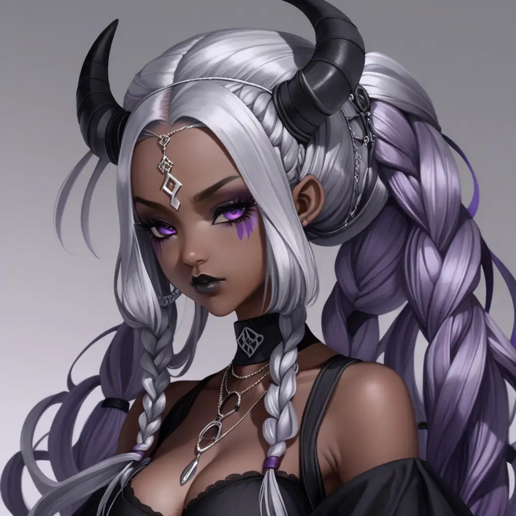 FANTASY STYLE , ANIME woman , young adult , PREISTESS , SILVER HAIR , LARGE BRAIDS , GOTH STYLE , DEMON GIRL , purple accent , BLACK GIRL , BROWN SKIN , DARK MAKEUP , FLOWING HAIR , BIG BOOBA , SMALL HORNS , HEAD CHAIN , HEAD VEIL , skin highlights , wind hair , blindfold , eyes covered -- c75