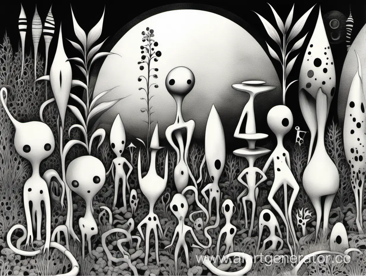 asymmetry aesthetically surreal forms, abstract alien figurines, plant invasion, white black colors, old ink drawing