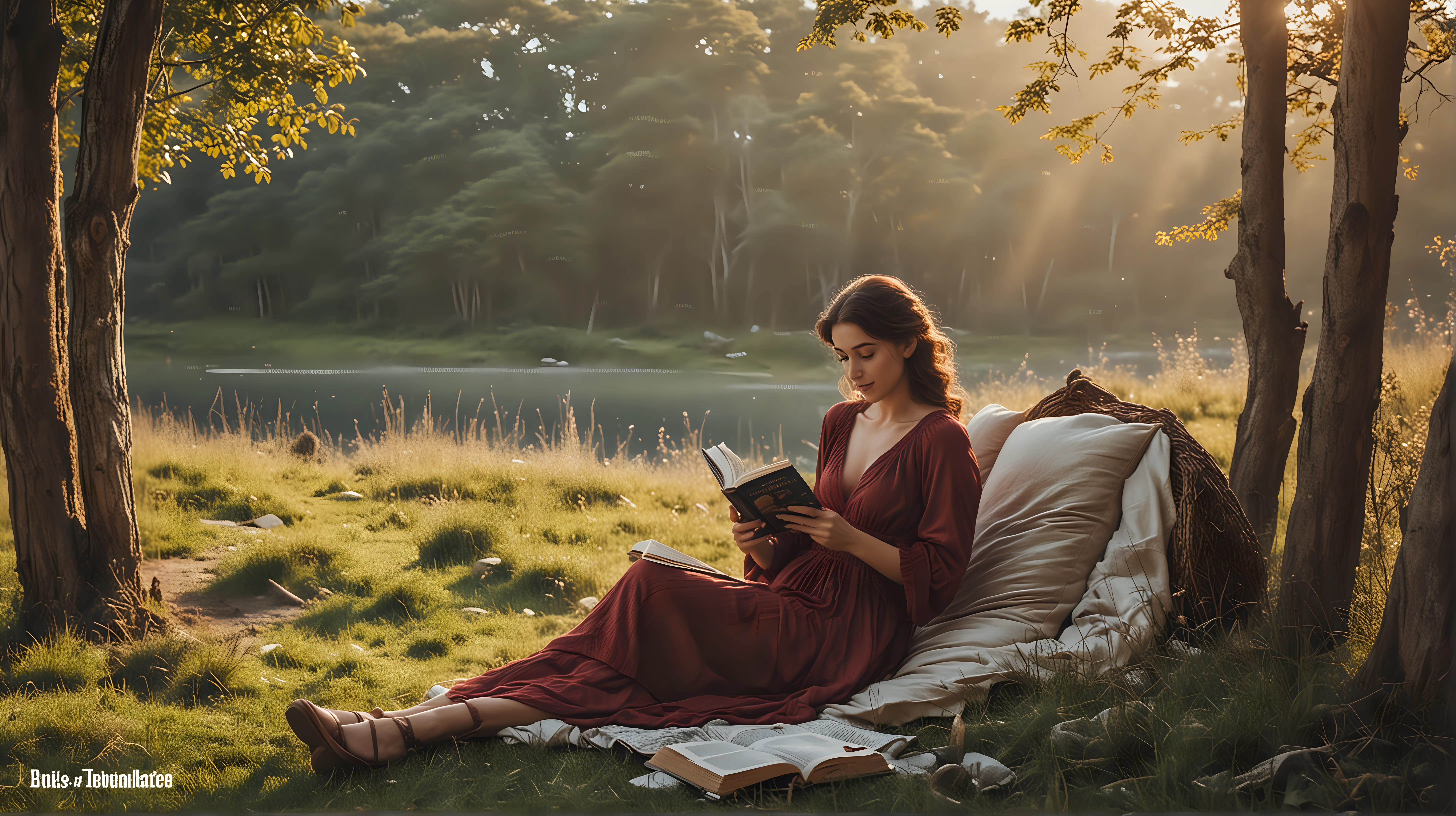 Create a YouTube banner, showcasing a woman reading a book, in a beautiful location










 











