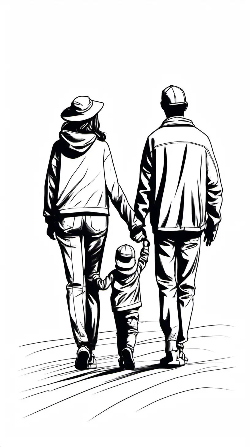 art line drawing, minimal lines
a family of three ,include ; a father with cap, a mother and a little boy . they standing Back to the picture and hold each other hands. the kid is at the middle
black and white
empty background