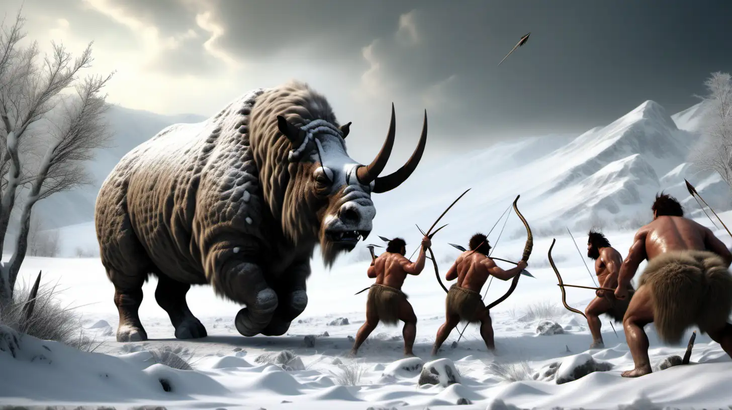Neolithic hunters attack a woolly rhinoceros, attack uses spears and arrows, snowy scene, realistic photographic