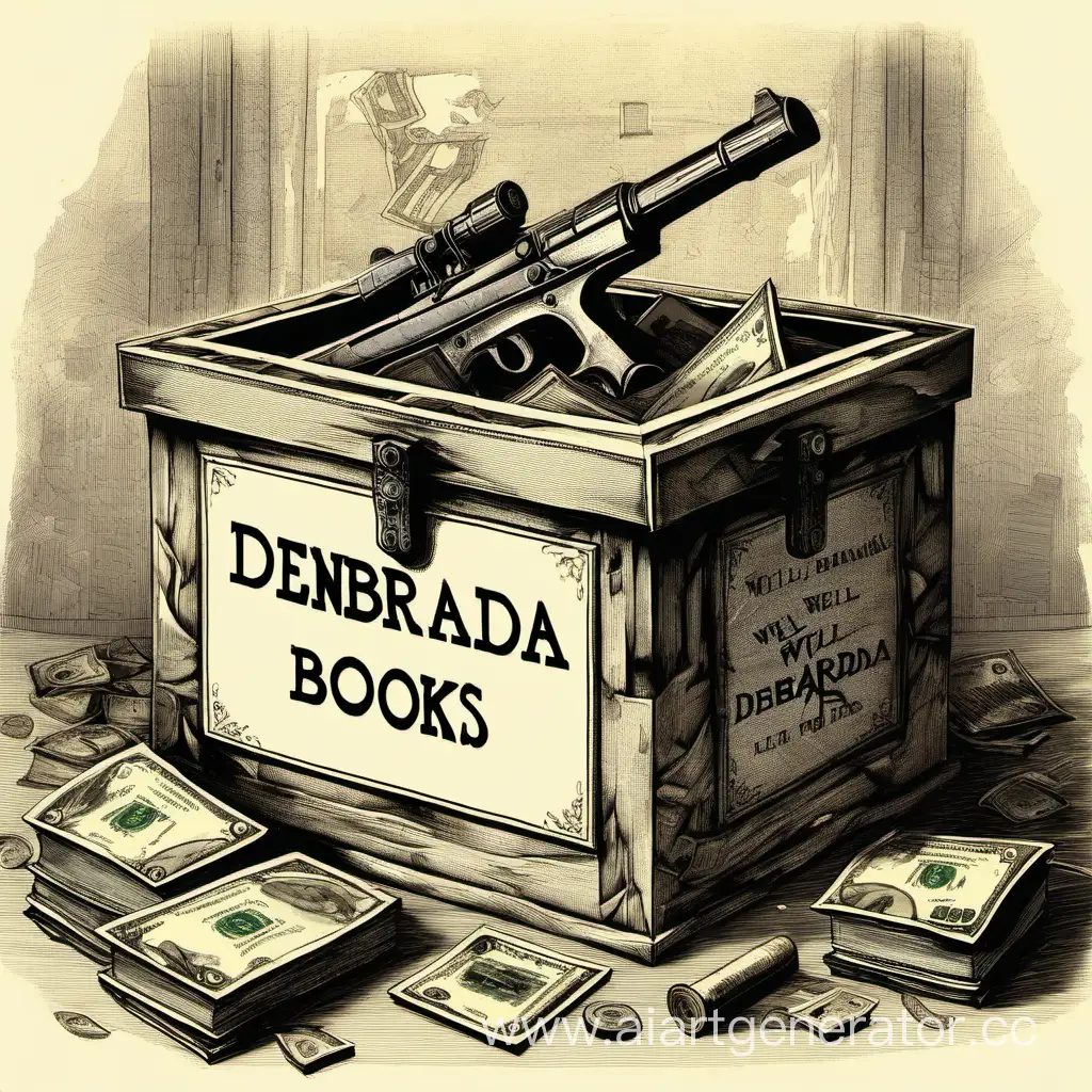 Коробка с хорошо прорисованой  надписью DenBrada рядом с ней лежат книги деньги пистолет